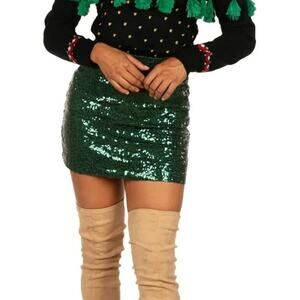 NWOT Tipsy Elves Emerald Green Sequin Mini Skirt Womens Size Med Stretch Zip